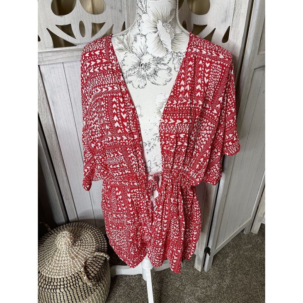 VICTORIA'S SECRET Red White Heart Print Swim Cover Up Kimono Robe One Size